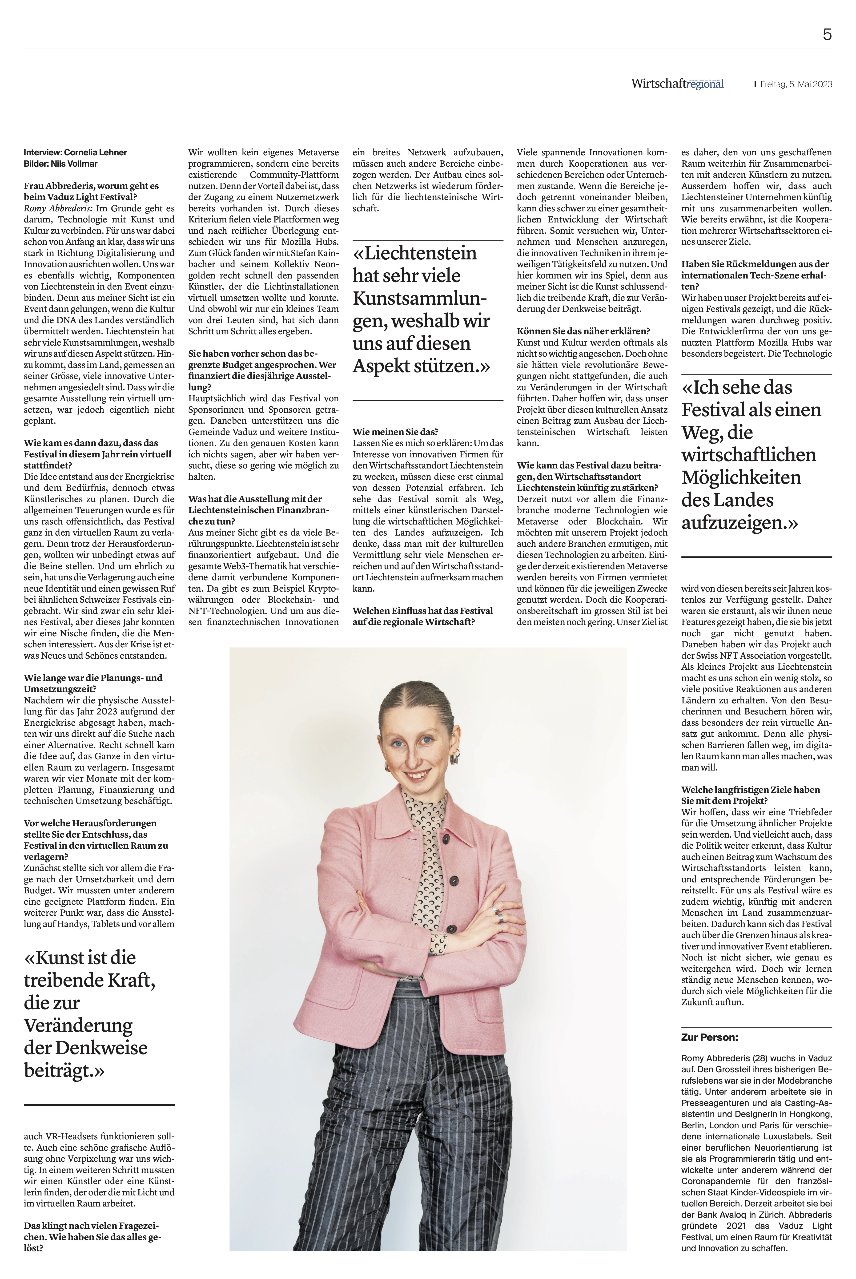 Romy Abbrederis Interview im Vaterland Liechtenstein über Wirtschaft und Innovation - Founder und Direktorin vom Vaduz Light Festival